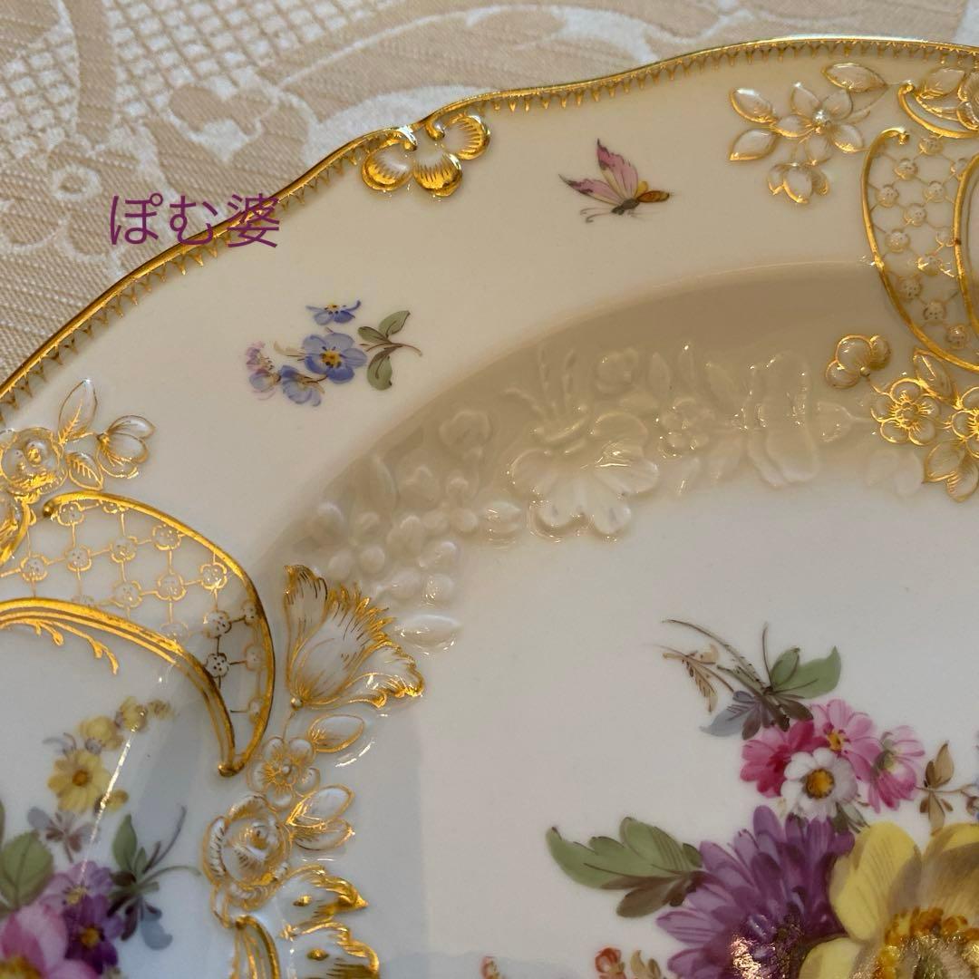 【古マイセン】金彩 花絵皿「ノイマルセイユ／フラワーブーケと昆虫」No.6