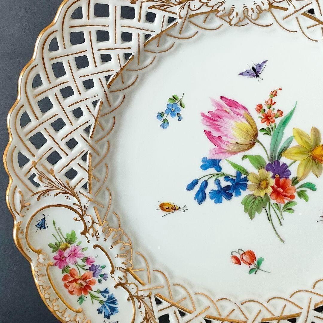 マイセン フワラーブーケ 昆虫 金彩 透かしプレート １級品 美品 ローズ 小花