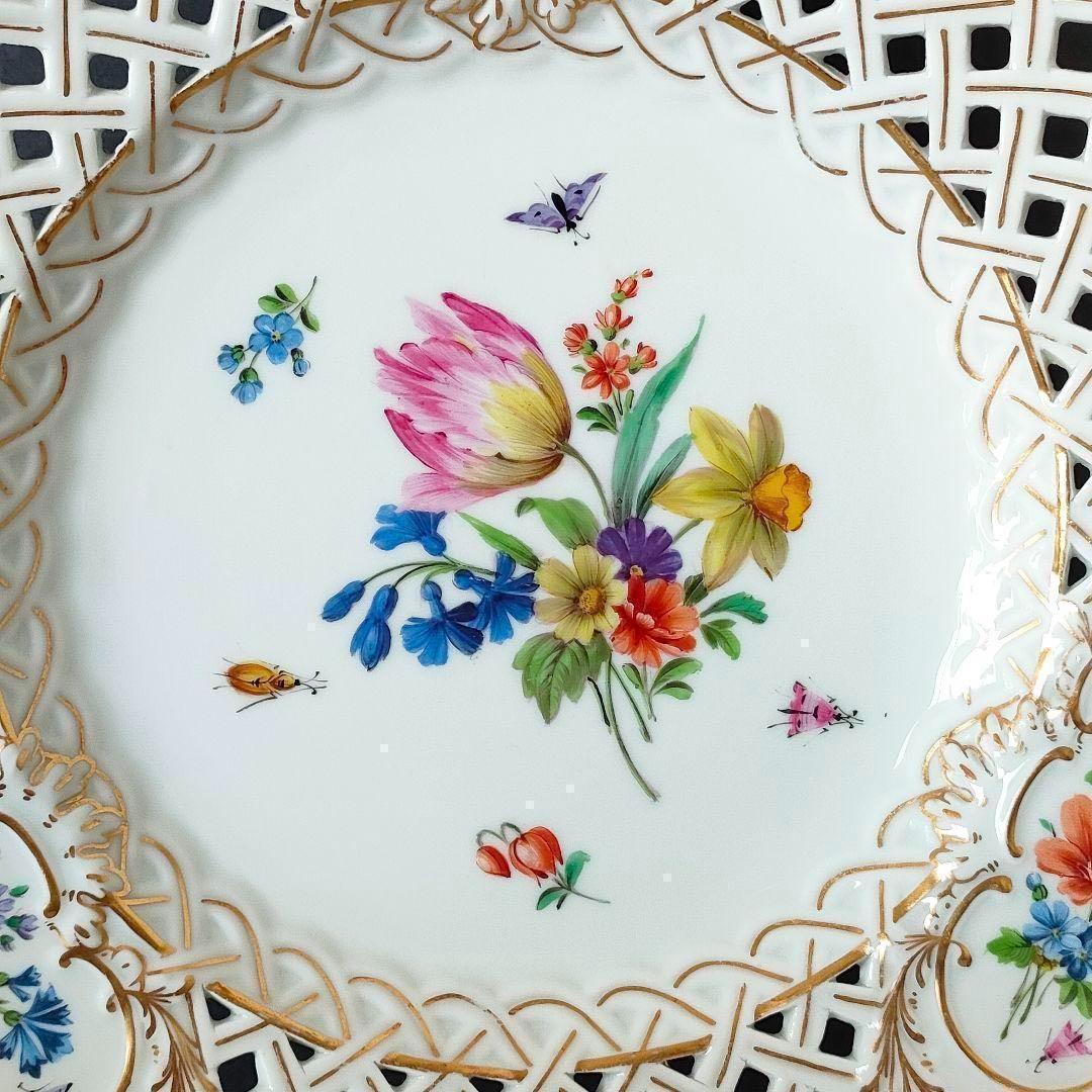 マイセン フワラーブーケ 昆虫 金彩 透かしプレート １級品 美品 ローズ 小花