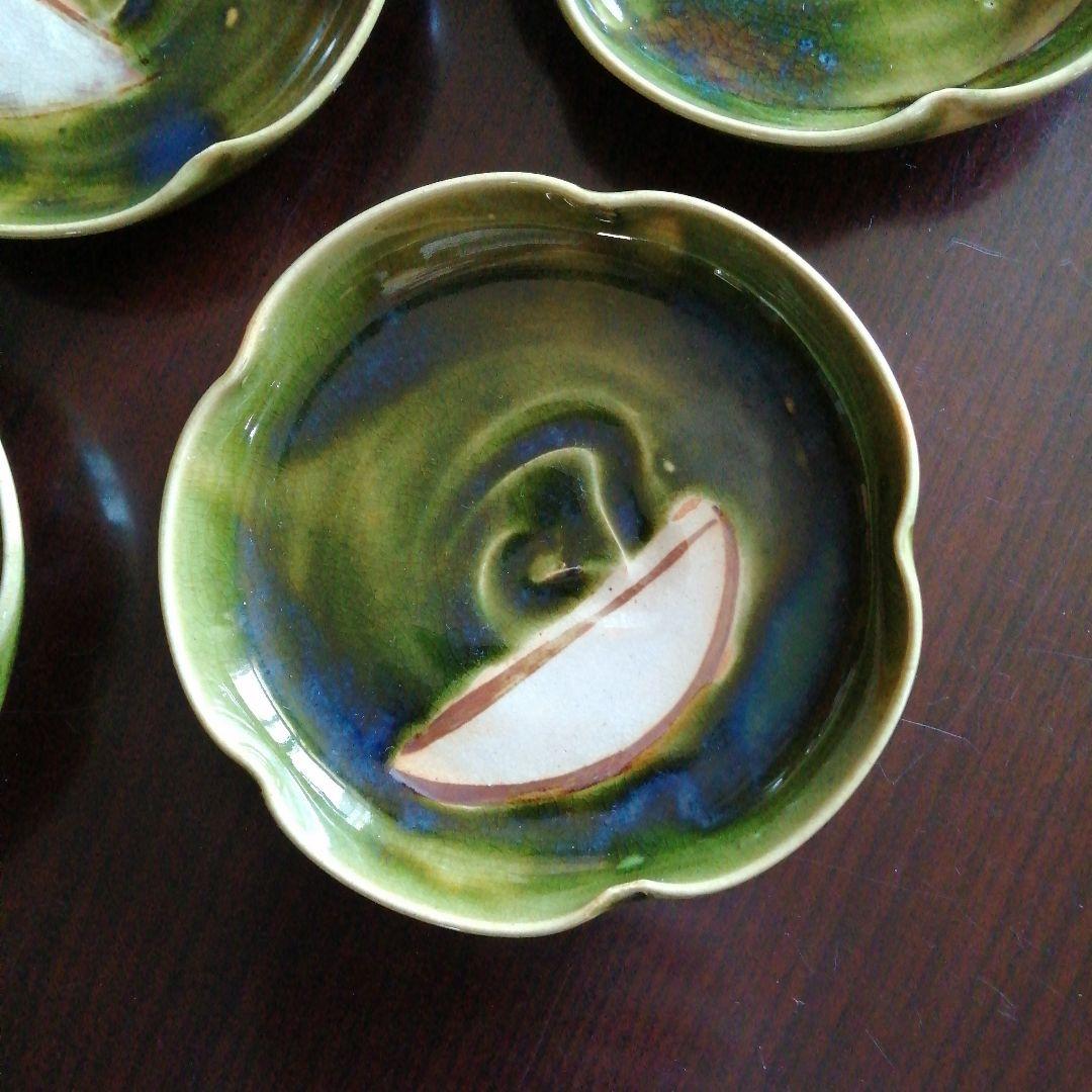 瀬戸焼　加藤作助　織部銘々皿　5枚　13.7cm　昭和中期