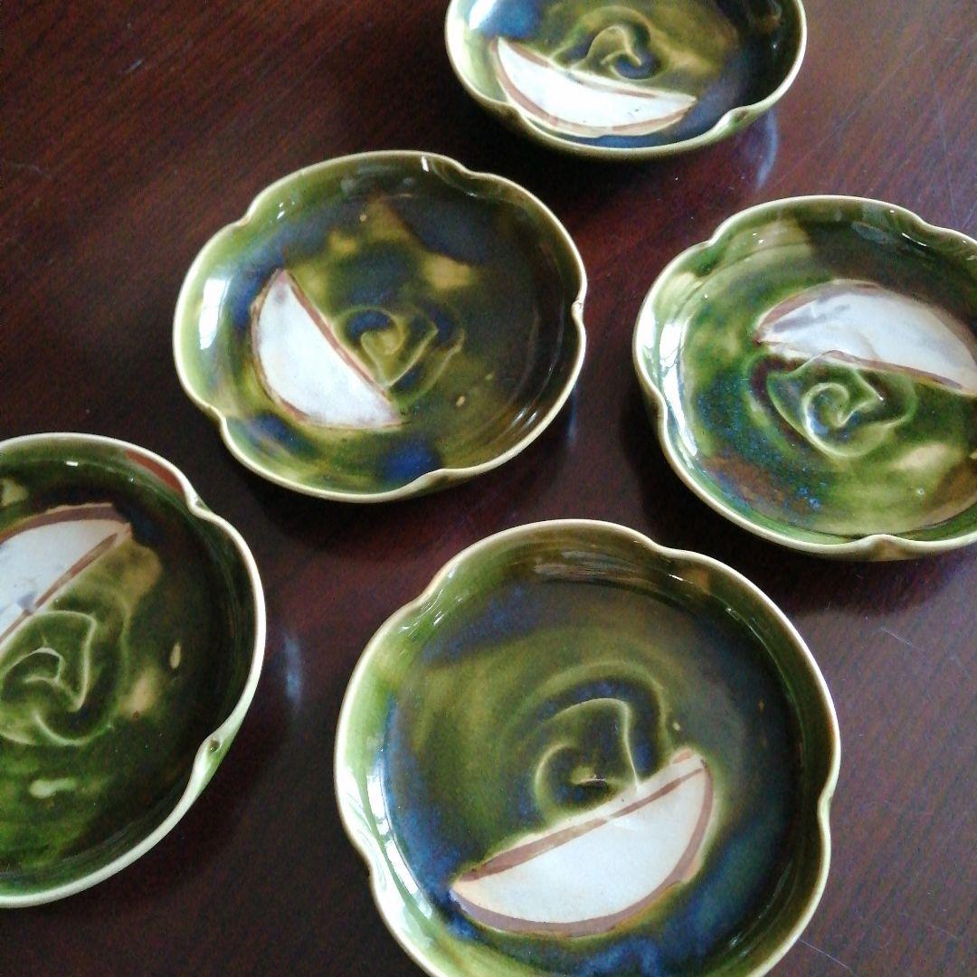 瀬戸焼　加藤作助　織部銘々皿　5枚　13.7cm　昭和中期