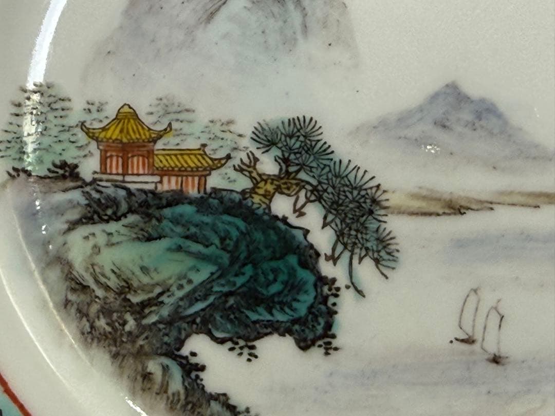 中国　1950ー1960年代　景徳鎮製　粉彩山水紋大皿小皿5点まとめ260104