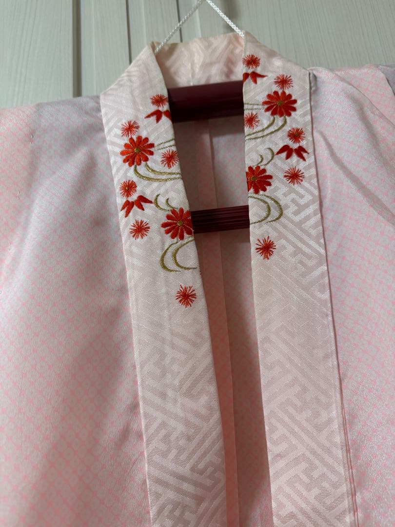 七五三 7歳 女の子 着物フルセット 橘色×花柄 刺繍半襟 長襦袢付き