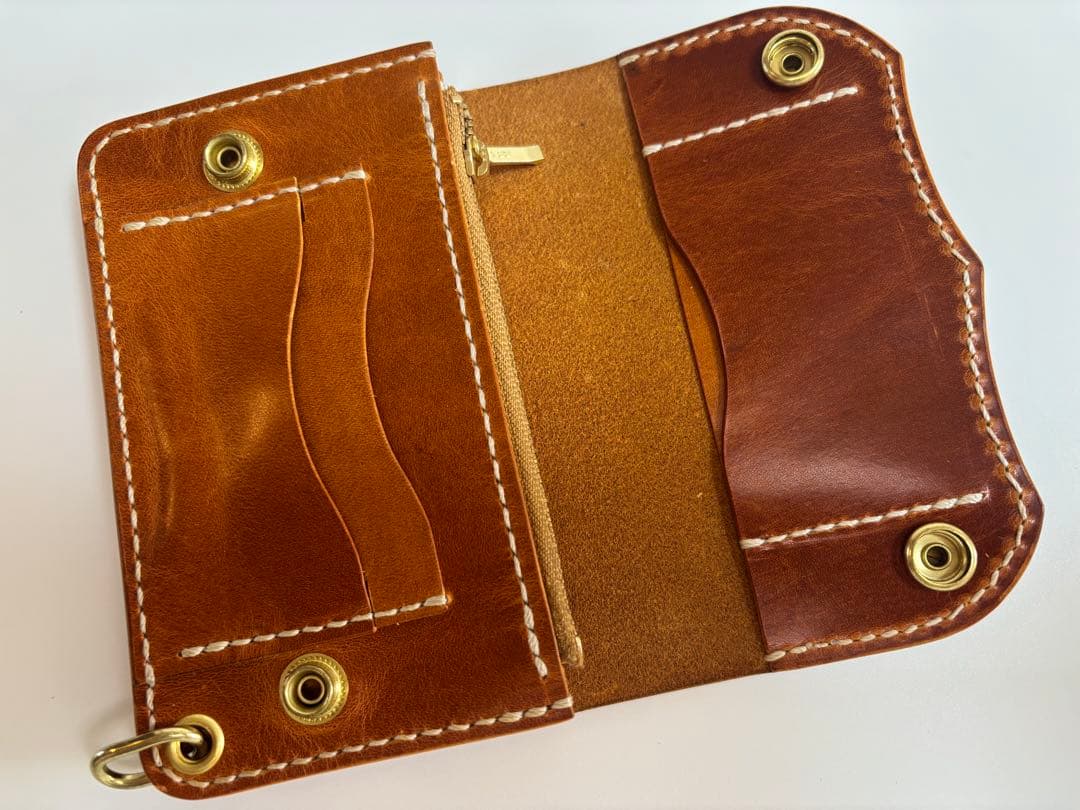 キャメル ヌメ革 トラッカーウォレット 三層 真鍮 レザークラフト
