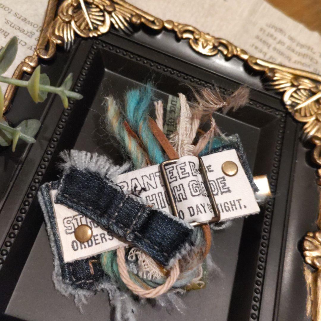 ［SALE］デニムリメイク ヘアクリップ 革タグ