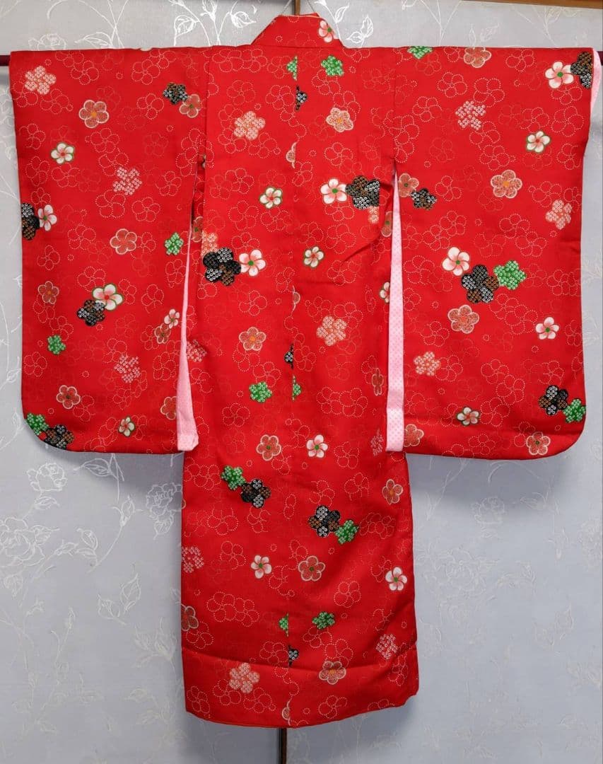 RK330アンティーク子供着物3点セット長襦袢巾着袋付き着丈90裄丈39　3歳用