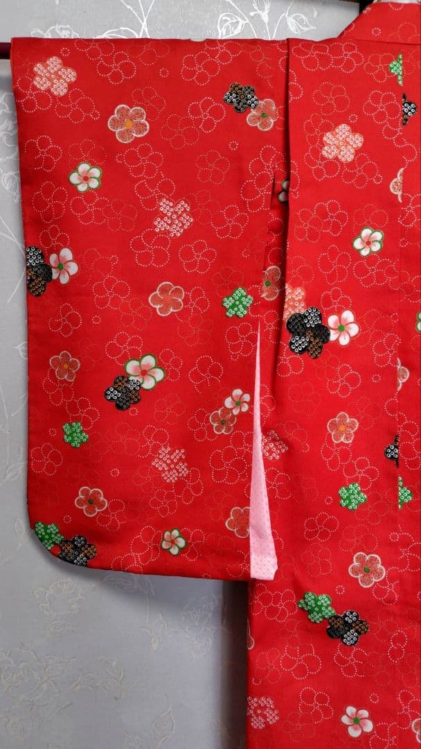 RK330アンティーク子供着物3点セット長襦袢巾着袋付き着丈90裄丈39　3歳用