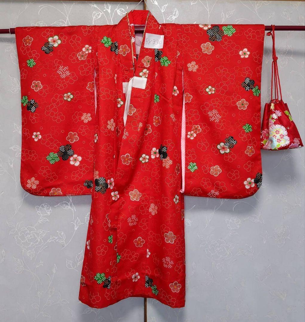 RK330アンティーク子供着物3点セット長襦袢巾着袋付き着丈90裄丈39　3歳用
