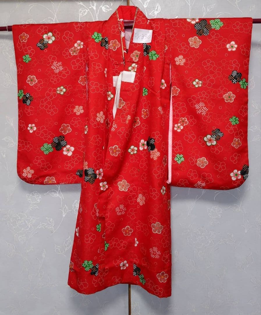 RK330アンティーク子供着物3点セット長襦袢巾着袋付き着丈90裄丈39　3歳用