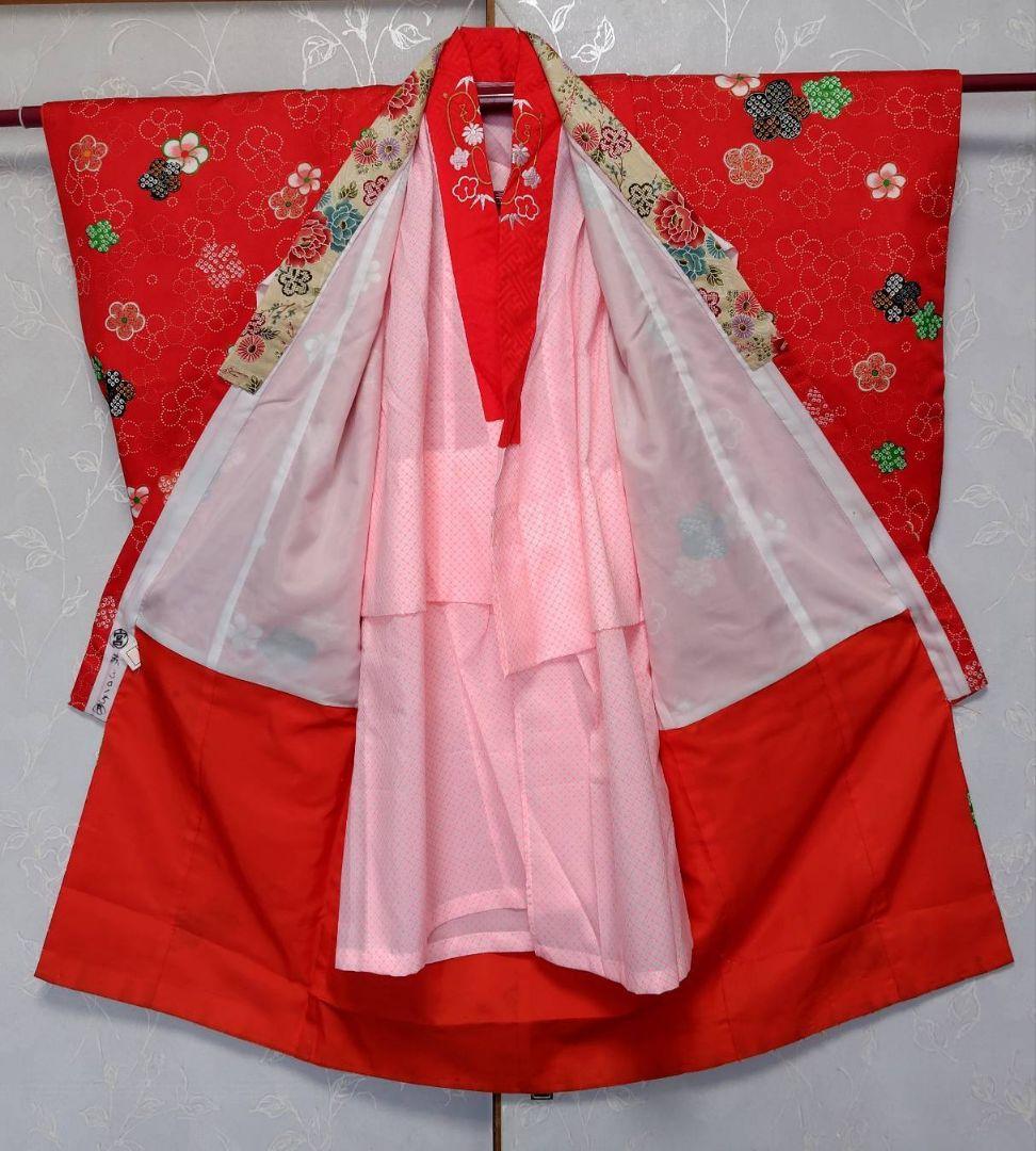 RK330アンティーク子供着物3点セット長襦袢巾着袋付き着丈90裄丈39　3歳用