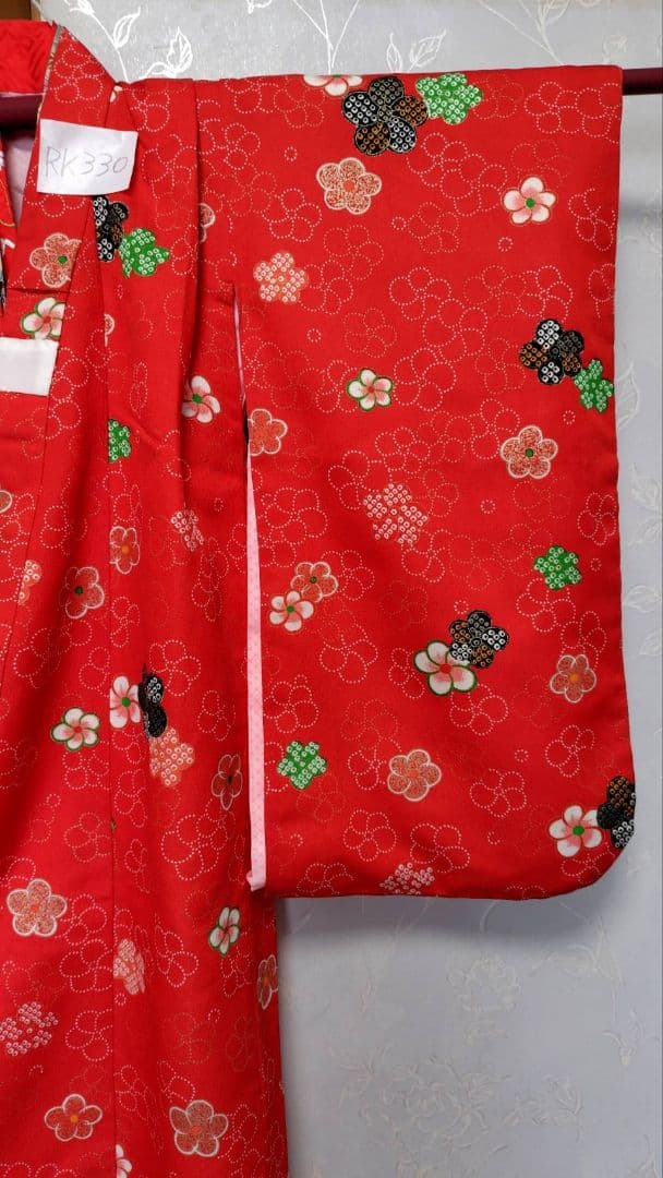 RK330アンティーク子供着物3点セット長襦袢巾着袋付き着丈90裄丈39　3歳用