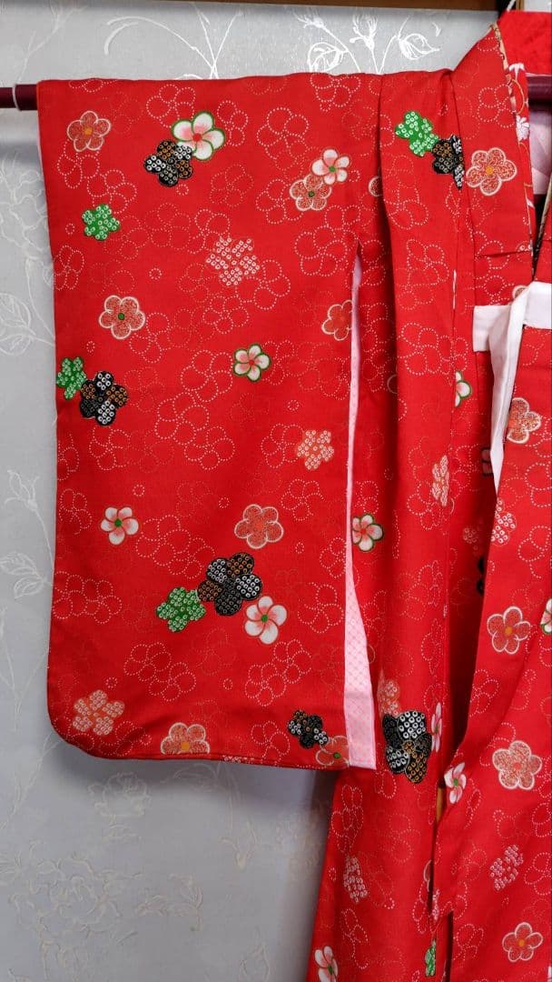 RK330アンティーク子供着物3点セット長襦袢巾着袋付き着丈90裄丈39　3歳用