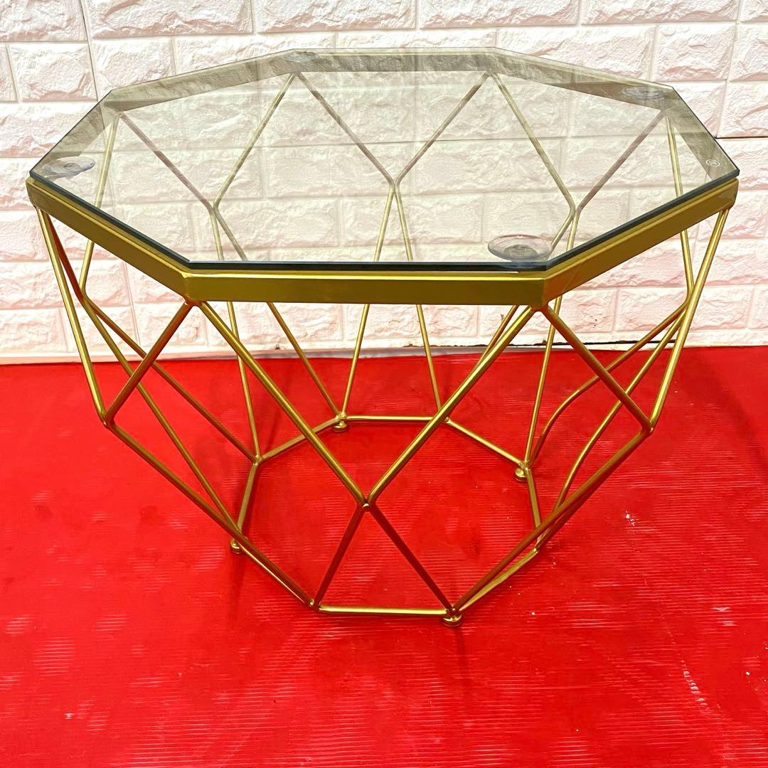 八角形の錬鉄製のコーヒーテーブル、透明な強化ガラス、家庭用リビングルーム