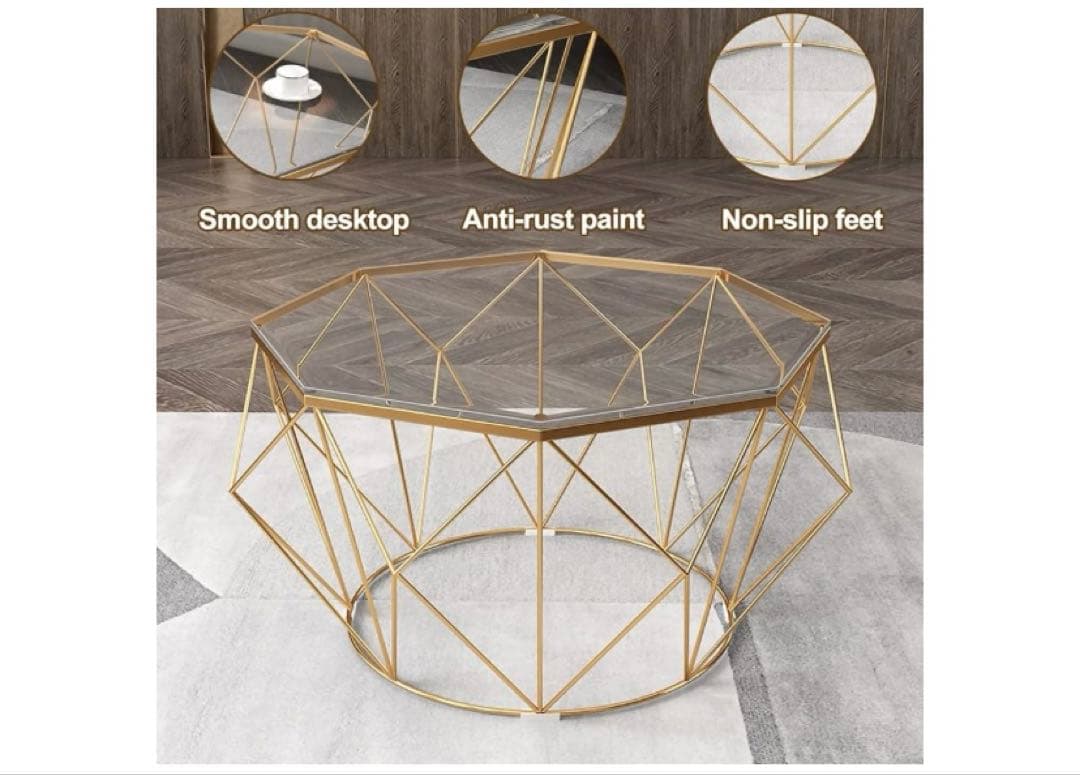 八角形の錬鉄製のコーヒーテーブル、透明な強化ガラス、家庭用リビングルーム