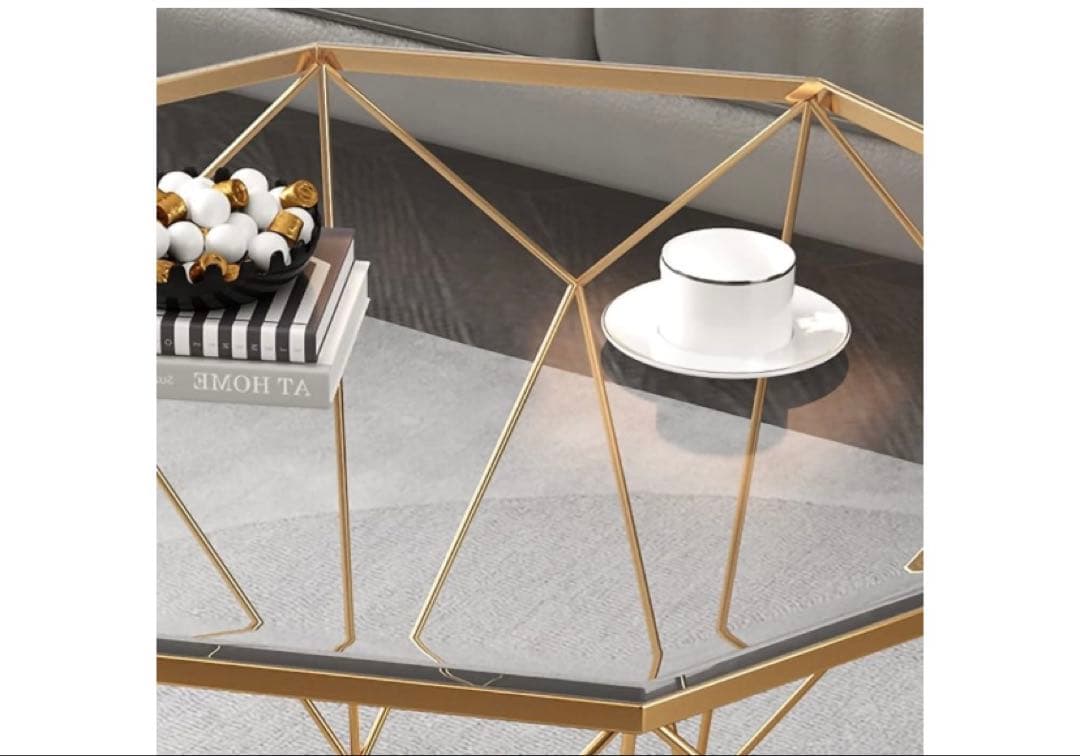 八角形の錬鉄製のコーヒーテーブル、透明な強化ガラス、家庭用リビングルーム