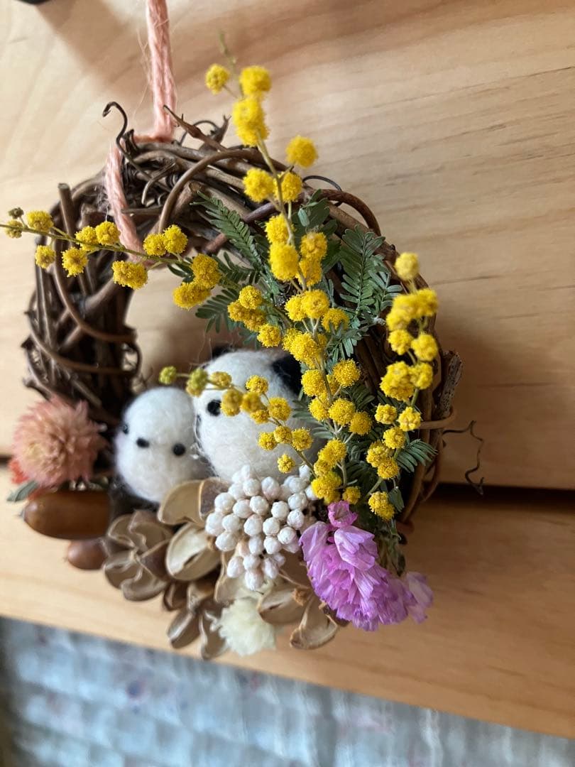 ハンドメイド☆ペアシマエナガさんのリース☆羊毛フェルト☆ミモザ