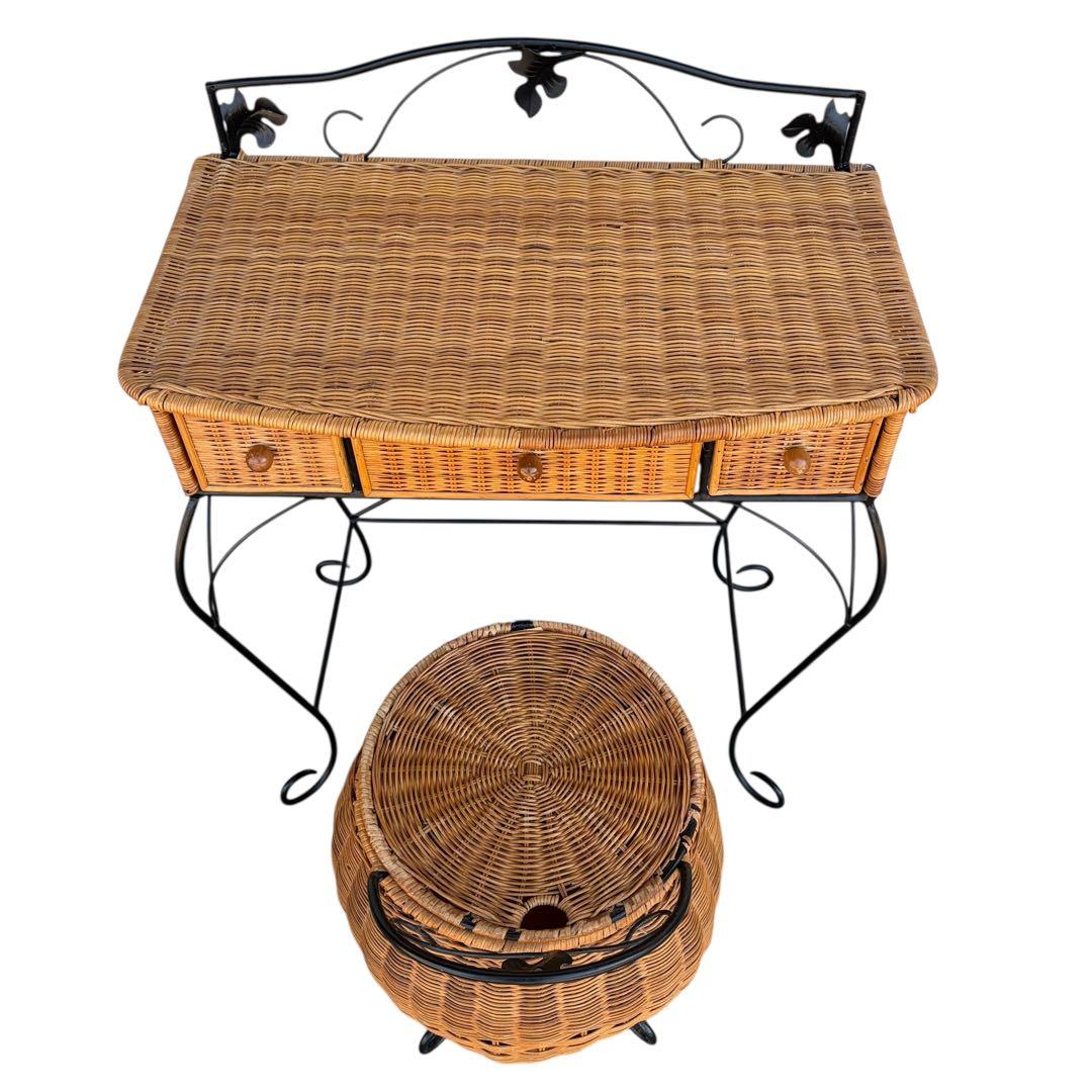 【希少】ラタンドレッサー ラタン収納スツール アイアンミラー3点セット 猫脚