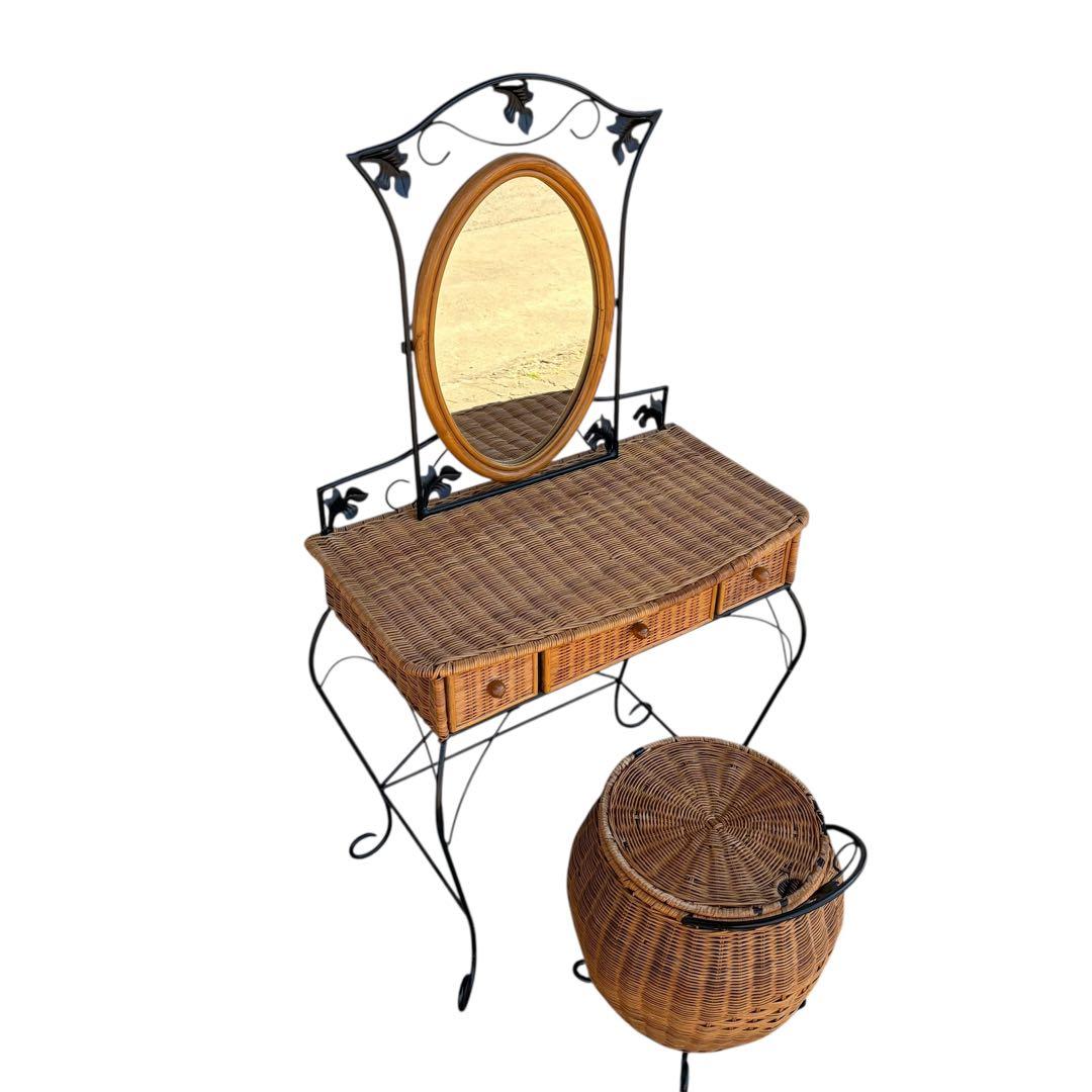 【希少】ラタンドレッサー ラタン収納スツール アイアンミラー3点セット 猫脚