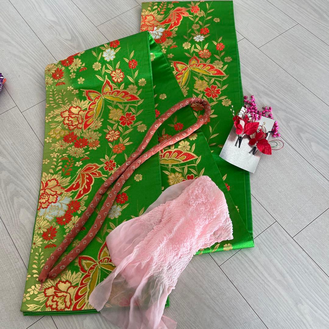 七五三着物七歳用5点セット 紫色花柄　グリーンの帯付き