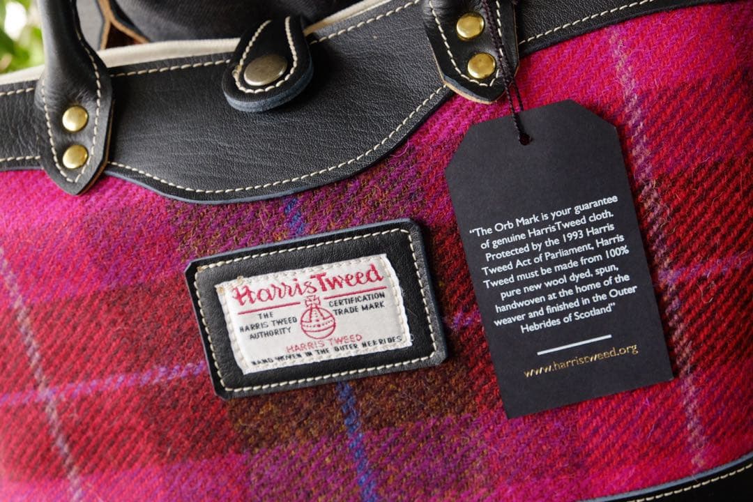 Harris tweed チェックブラックレザートートバッグ　ハリスツイード