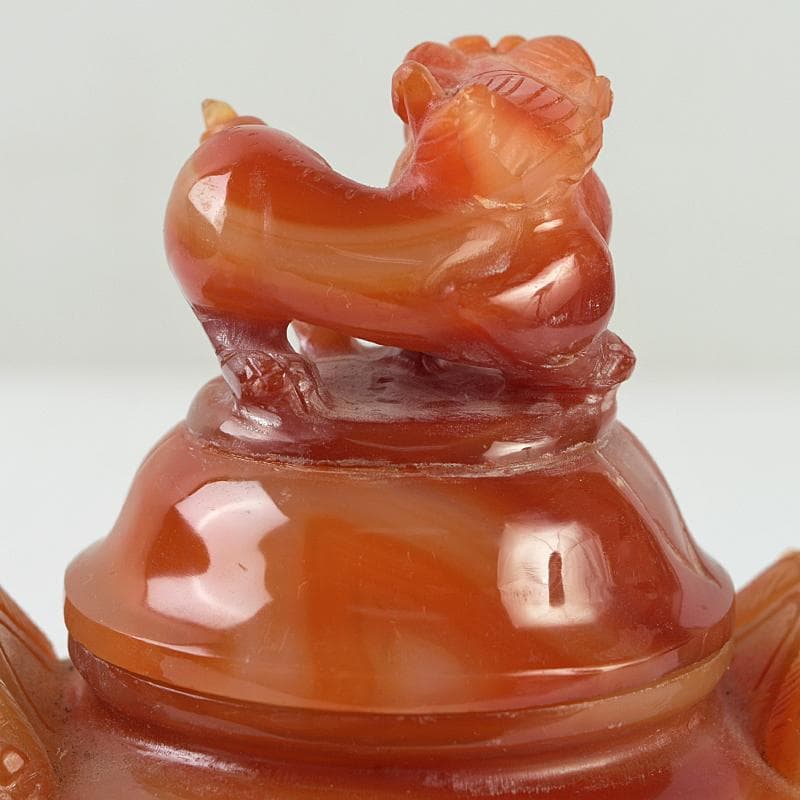 中国　赤瑪瑙彫刻　雙耳活環　獅子鈕蓋爐　香炉　D　R9079