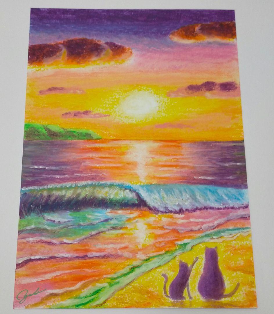 A4サイズ クレヨン画 原画 風景画 猫が見つめる海の夕焼け - メルカリ