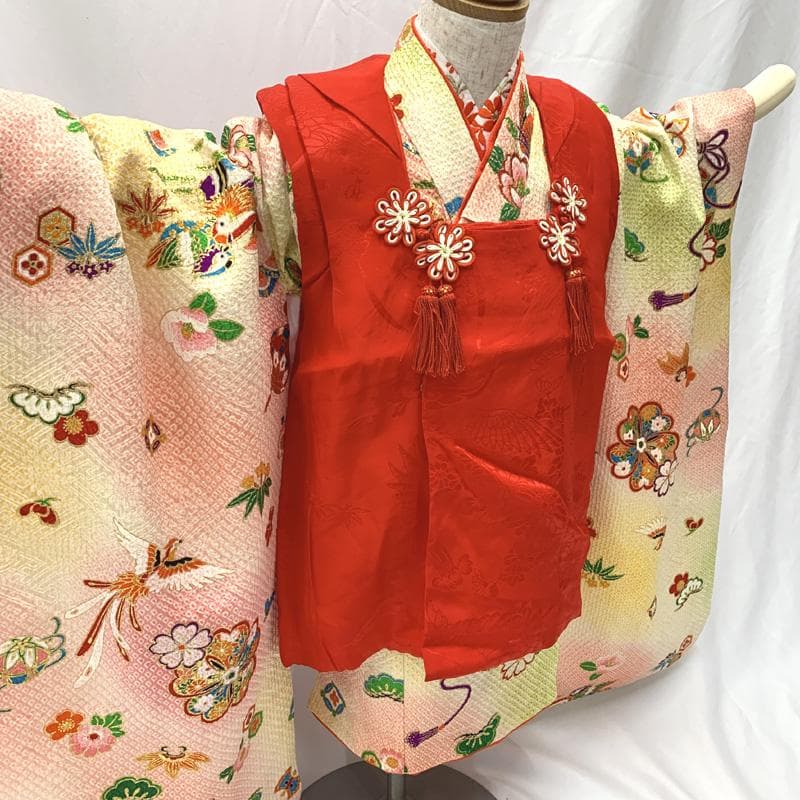 502ag37□七五三 三歳 女児 着物&被布＆長襦袢 総絞り 金彩□状態良好