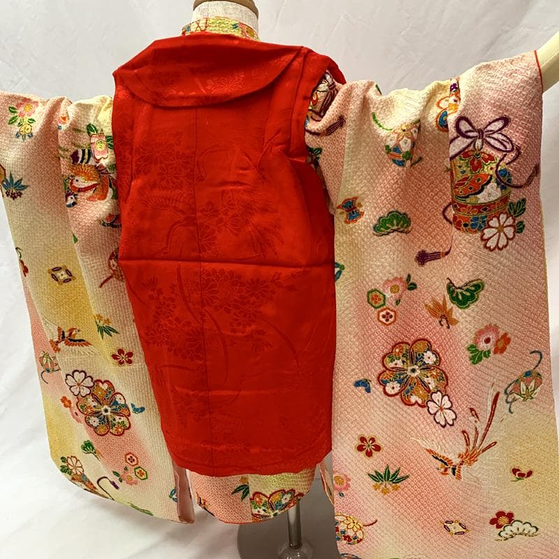 502ag37□七五三 三歳 女児 着物&被布＆長襦袢 総絞り 金彩□状態良好