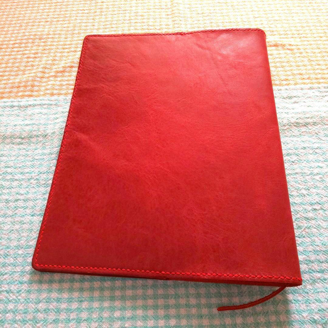 オイルワックスヌメ革 赤 レザーカバー、B5 26穴バインダー付