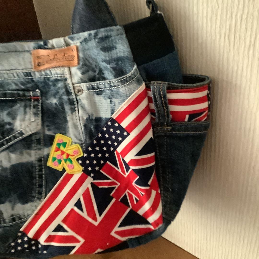 ハンドメイド リメイクデニム トートバッグ サイドポケット＆Dカン付き