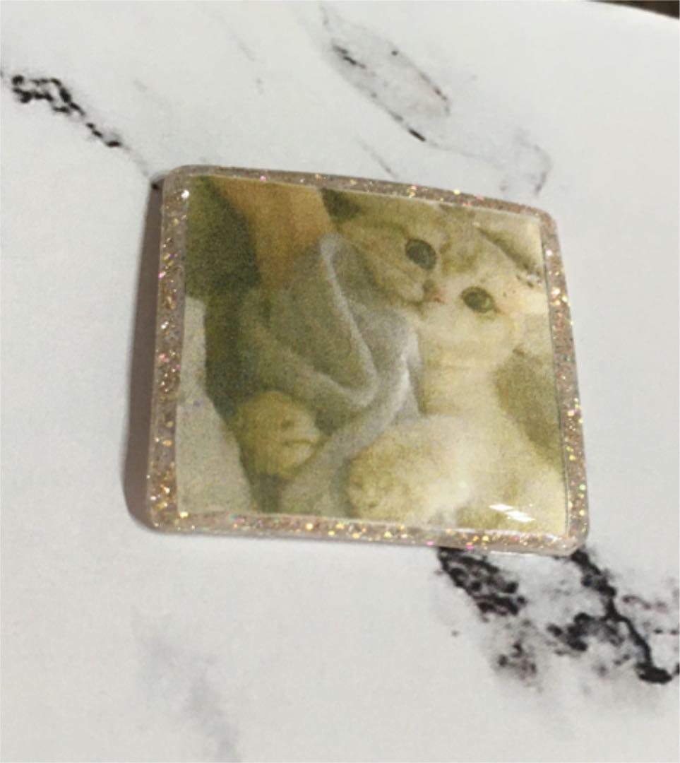 レジンヘアゴム、大き目スクエア・フォトフレーム風セピア色猫ちゃん・再販不可