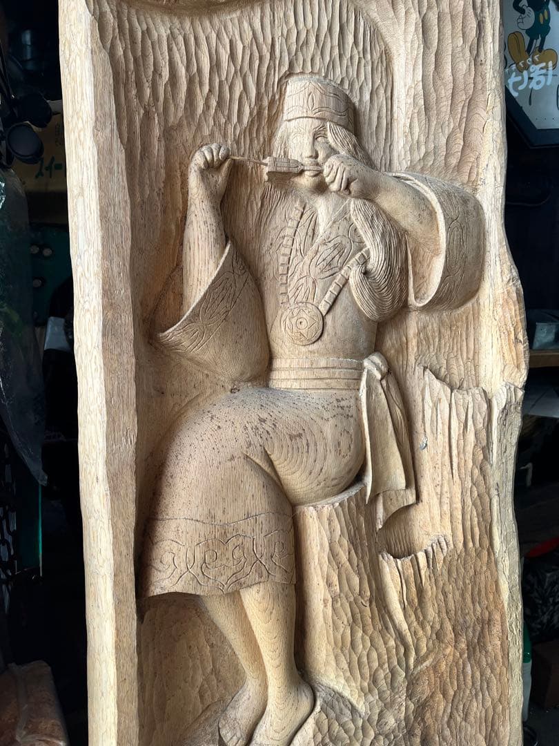 アイヌ木彫り壁掛け、 一枚板特大木彫り アイヌ彫刻壁画 、アイヌ特大126センチ