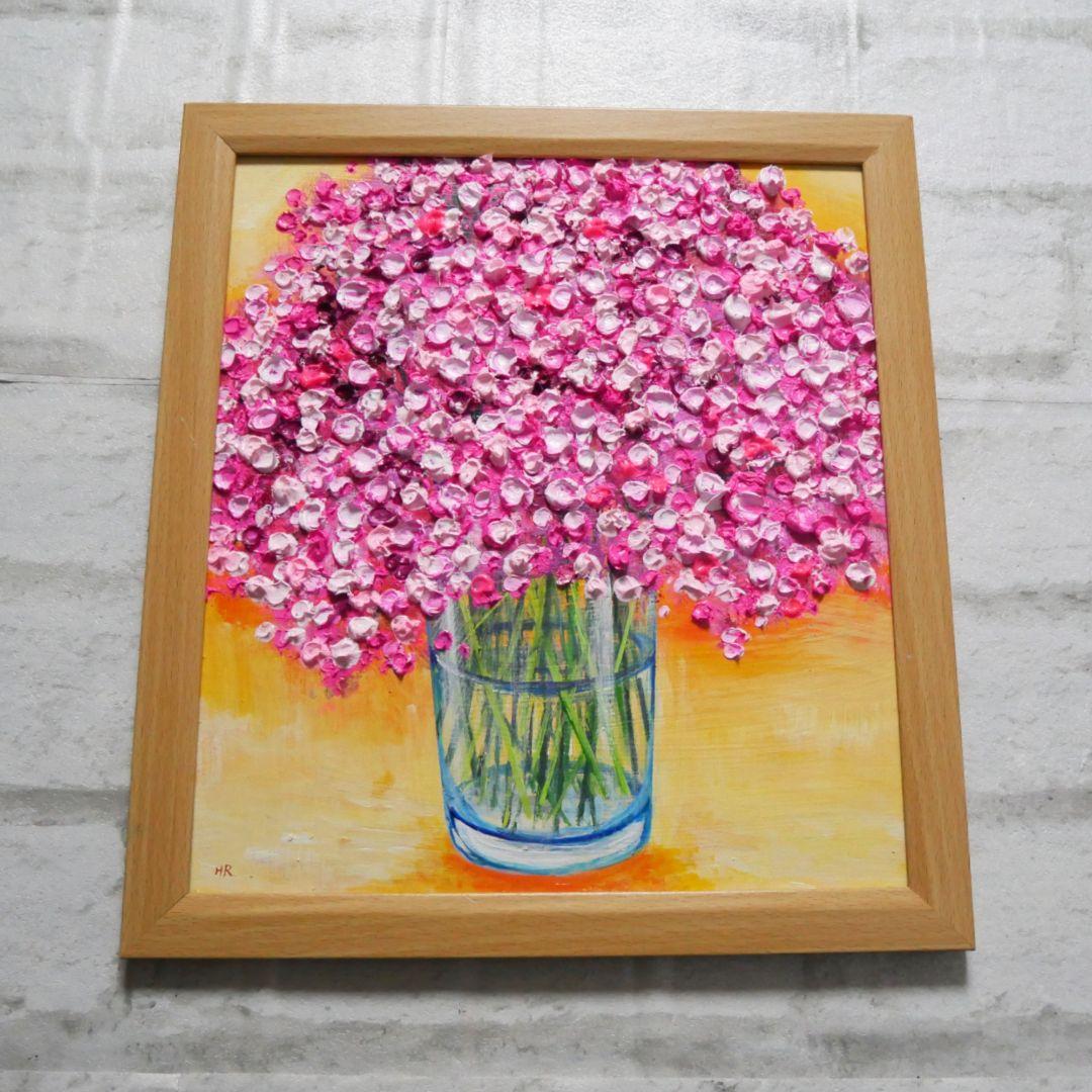 油絵 油彩 油彩画 絵画【ピンクのかすみ草】