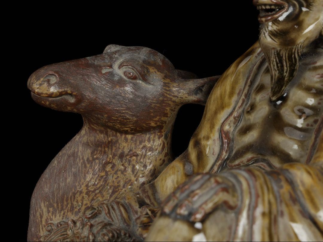 【古高取焼】鹿寿老像 七福神 長寿神 福禄寿 縁起物 置物 陶磁器 古作 共箱付