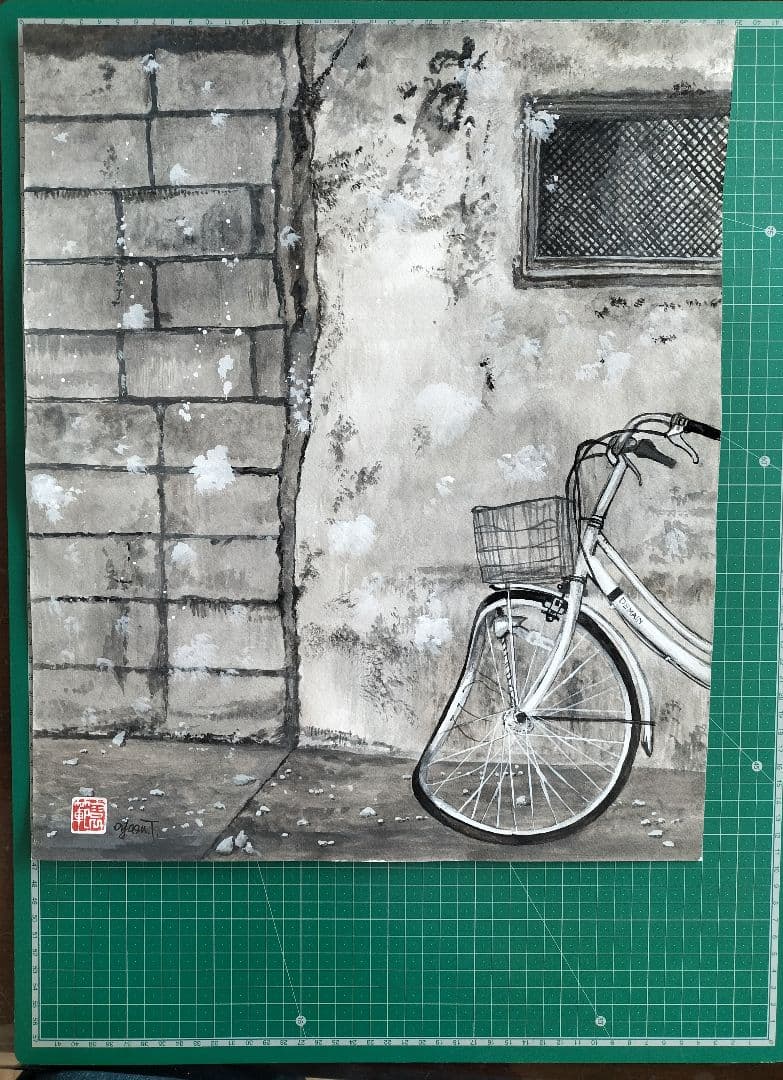 水彩画 自転車と壁の風景 F8号サイズ