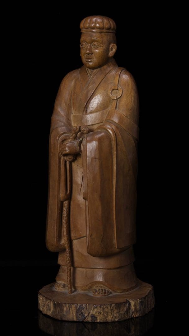 光刀 木彫 千利休像 26cm 在銘 天然木 彫刻 置物 人物像 骨董品 古美術