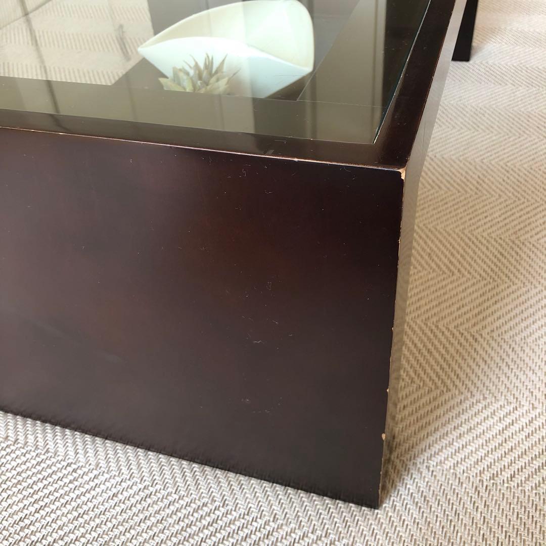 モダン ガラス天板 ローテーブル　ダークブラウン