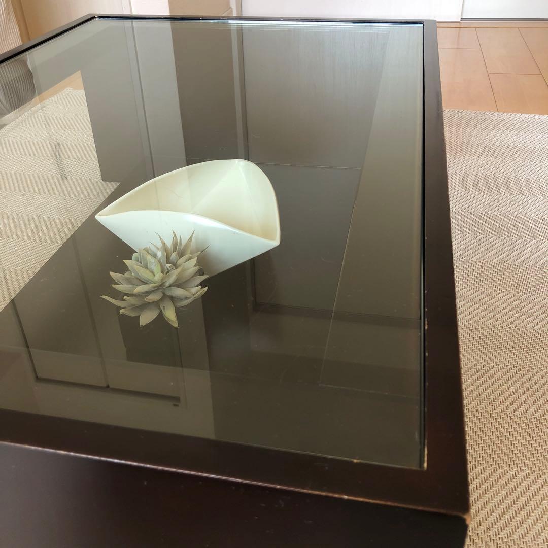 モダン ガラス天板 ローテーブル　ダークブラウン