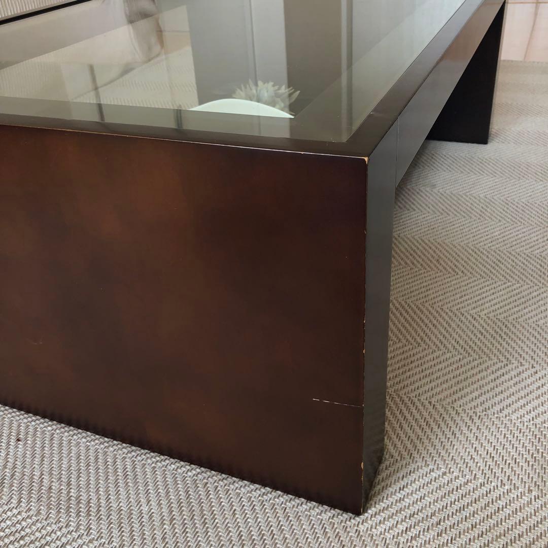 モダン ガラス天板 ローテーブル　ダークブラウン