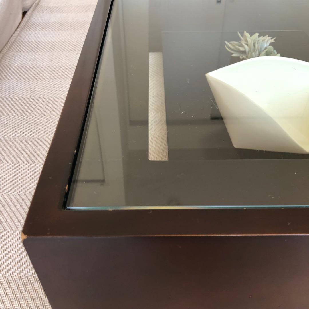 モダン ガラス天板 ローテーブル　ダークブラウン