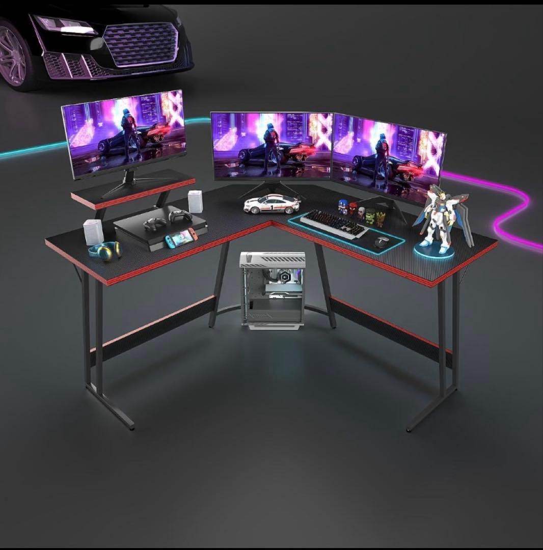 エル字型ゲーミングデスク ブラック モニタスタンド付き 省スペース