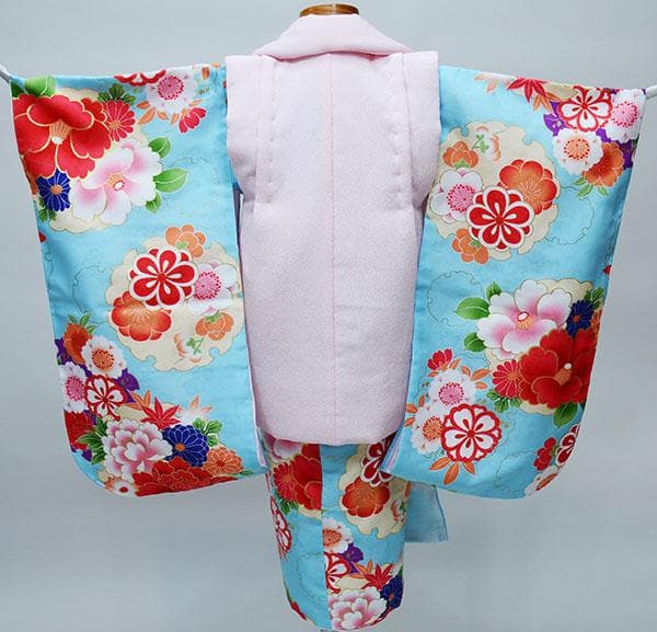 七五三 三歳 女児 被布着物フルセット 水色×桃色 お仕立て無料 NO34383