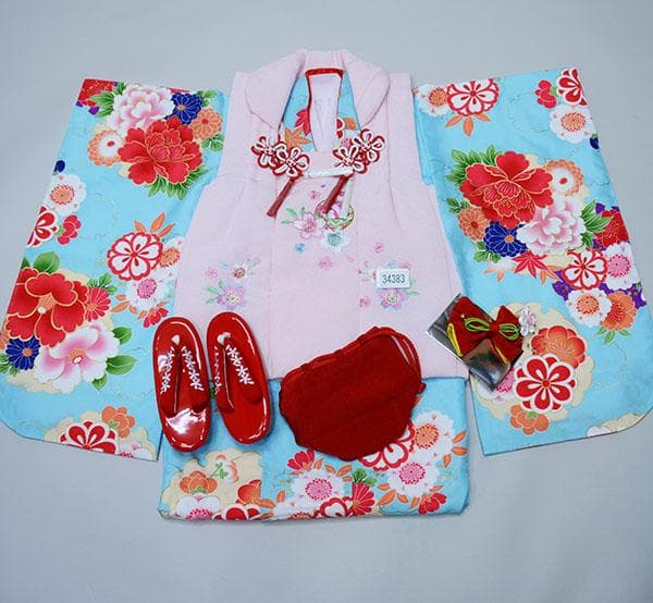 七五三 三歳 女児 被布着物フルセット 水色×桃色 お仕立て無料 NO34383