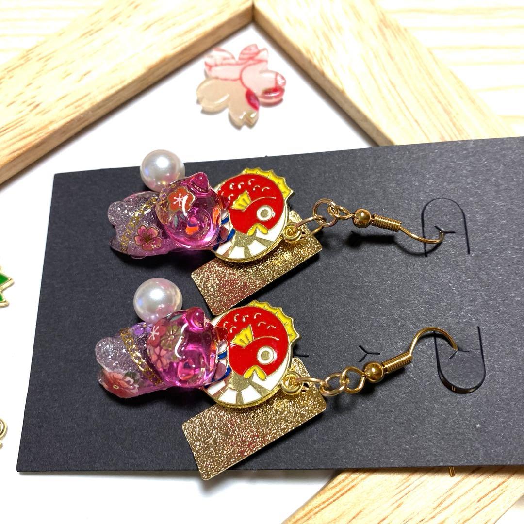 ★鯛とチェーンが素敵なお正月猫ちゃんピアス★