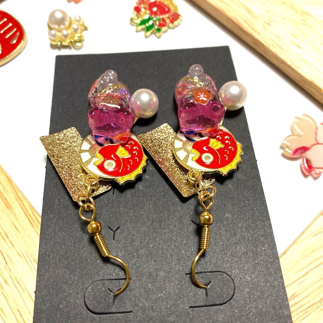 ★鯛とチェーンが素敵なお正月猫ちゃんピアス★