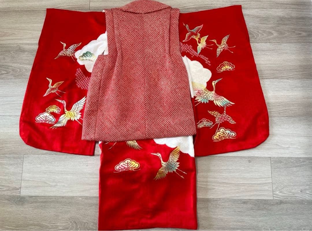 正絹 七五三　3才　セット 赤 白 鶴