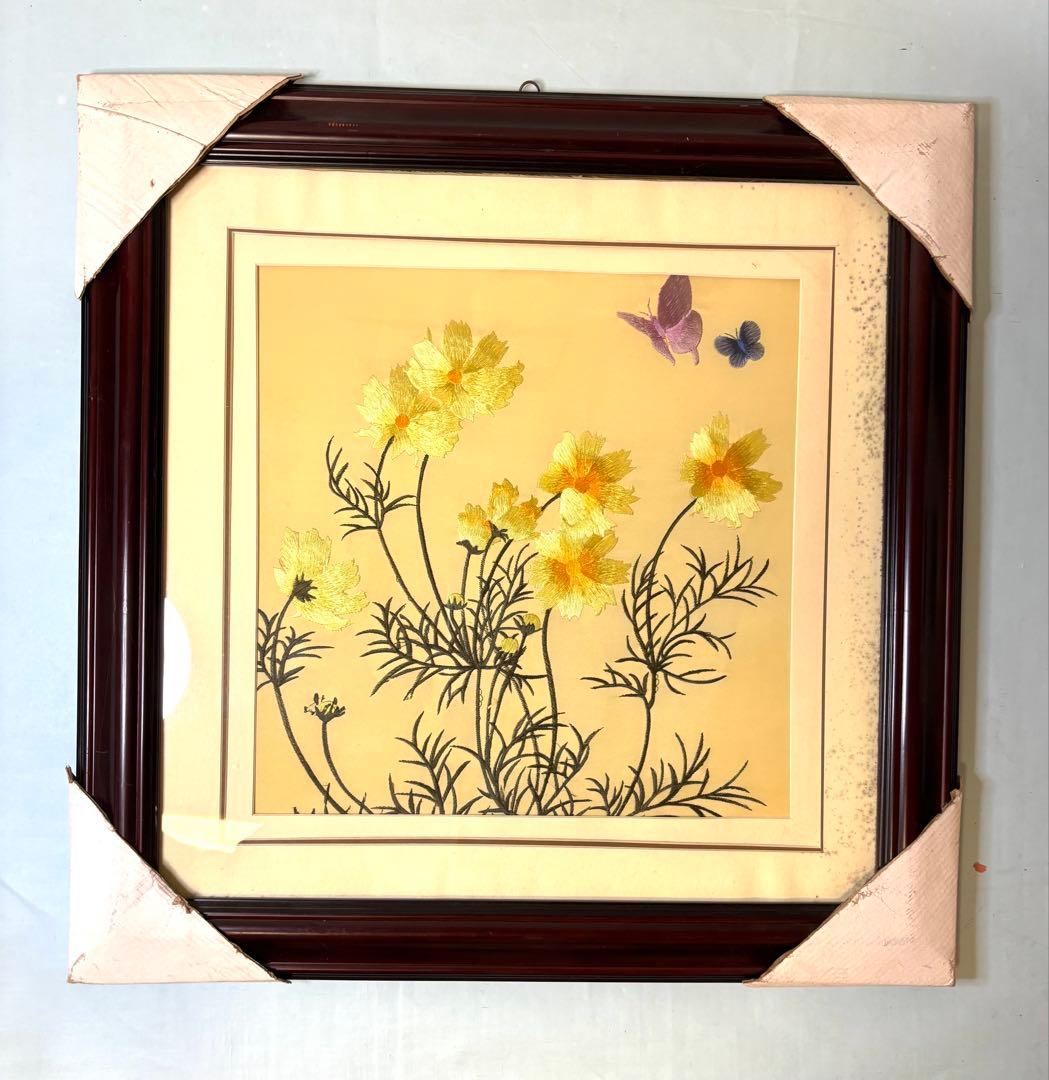 中国蘇州伝統工芸　花蝶刺繍額 蘇州両面刺繍 中国刺繍 蘇州シルク 双鶴図柄 伝統工芸 蘇州刺繍 蘇州