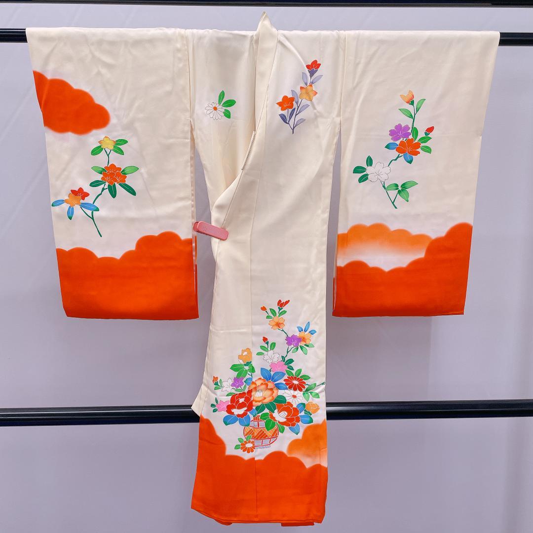★3962★ 子供着物 一つ身 単品 女の子 七五三 3才 朱色 花柄