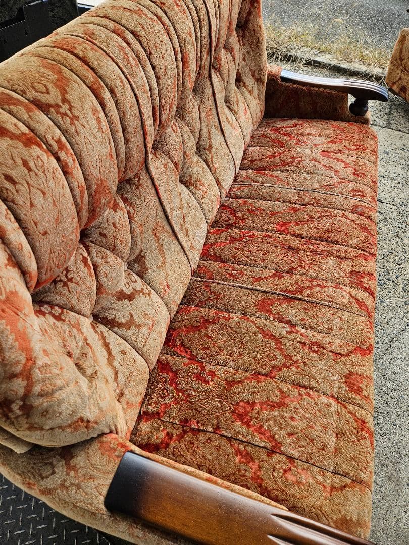 ヴィンテージ モケット 3人掛けソファ ベロア 総柄 長椅子 レトロ