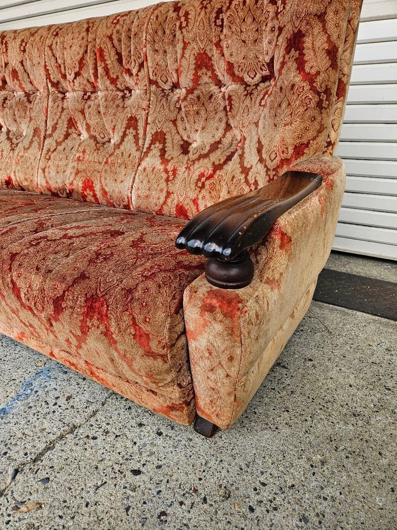 ヴィンテージ モケット 3人掛けソファ ベロア 総柄 長椅子 レトロ
